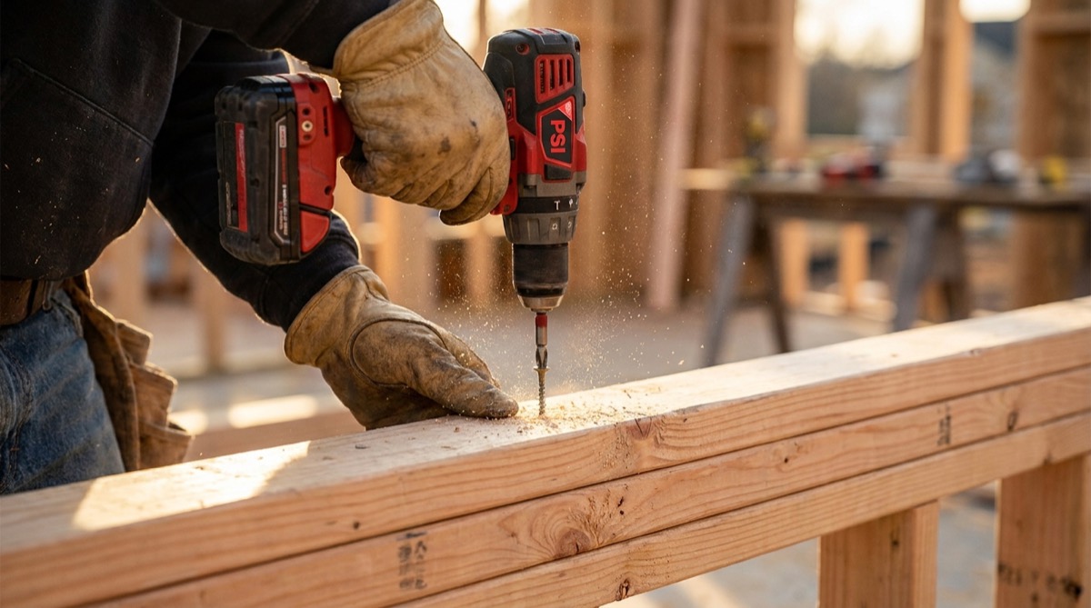 A PSI carpenter driving a screw into new framing
