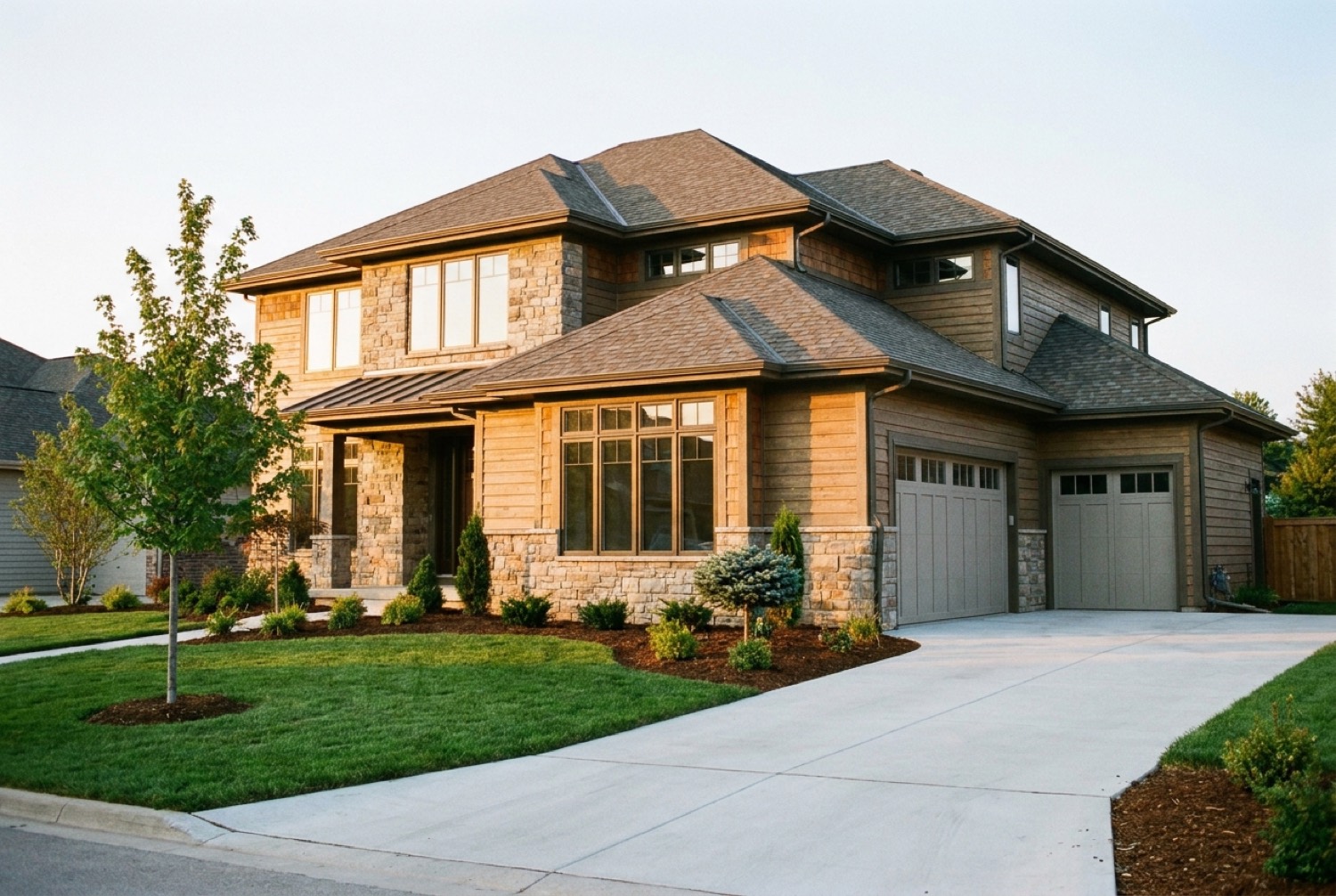 A newly completed two-storey home with finished landscaping and driveway