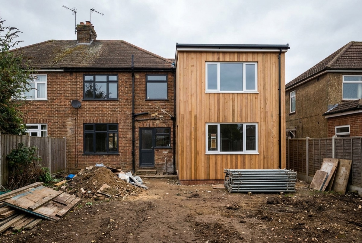 A house with a newly built addition, siding complete and the grounds not yet finished