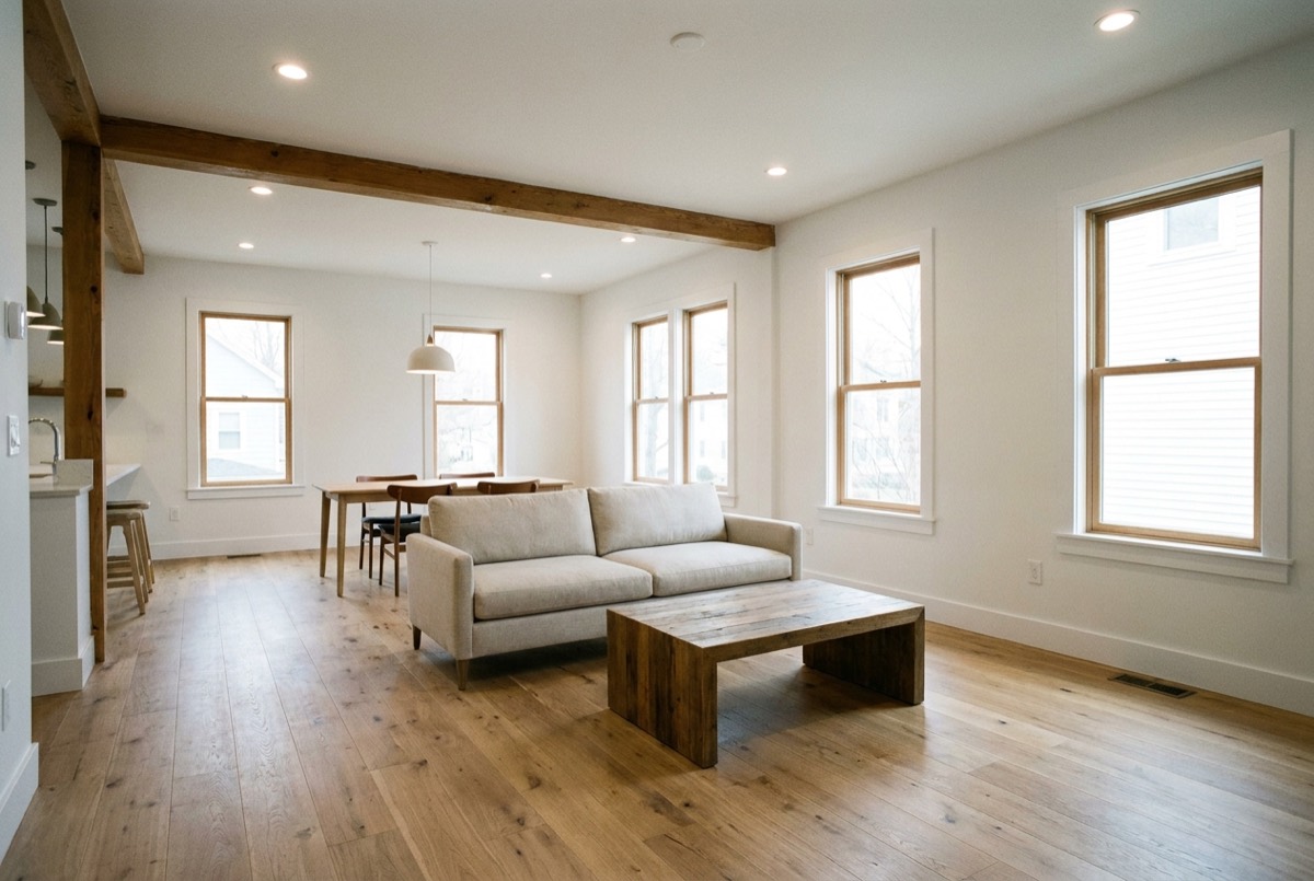 A renovated open-plan living space with new wide-plank flooring and fresh trim