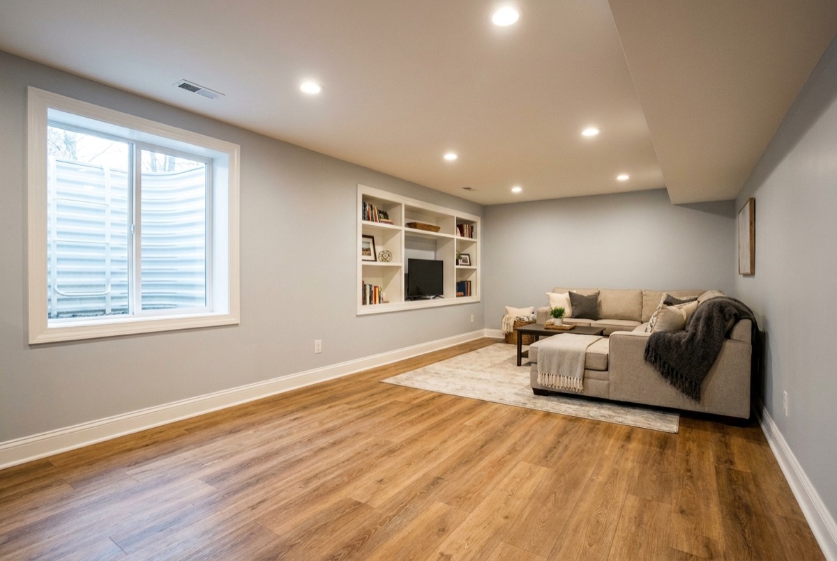 A finished basement family room with recessed lighting and an egress window