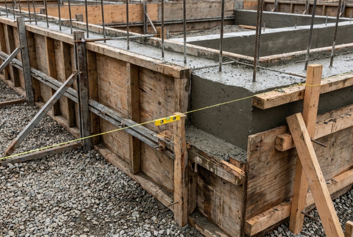 Concrete foundation walls with formwork panels and reinforcing steel in place