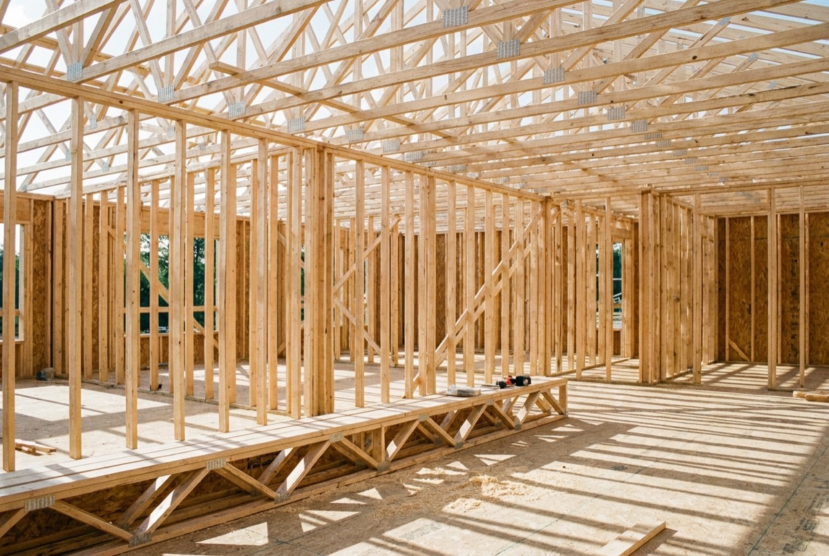 The interior of a house at framing stage, new lumber studs and roof trusses overhead