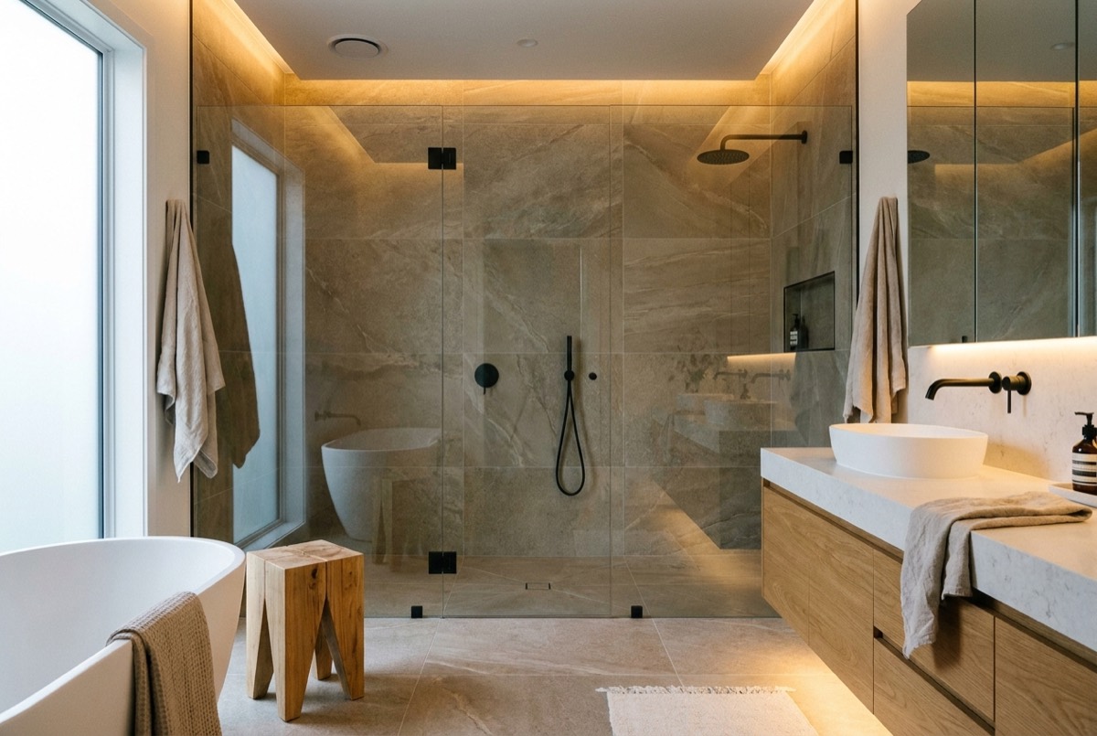 A finished bathroom with a tiled shower, stone vanity and matte black fixtures