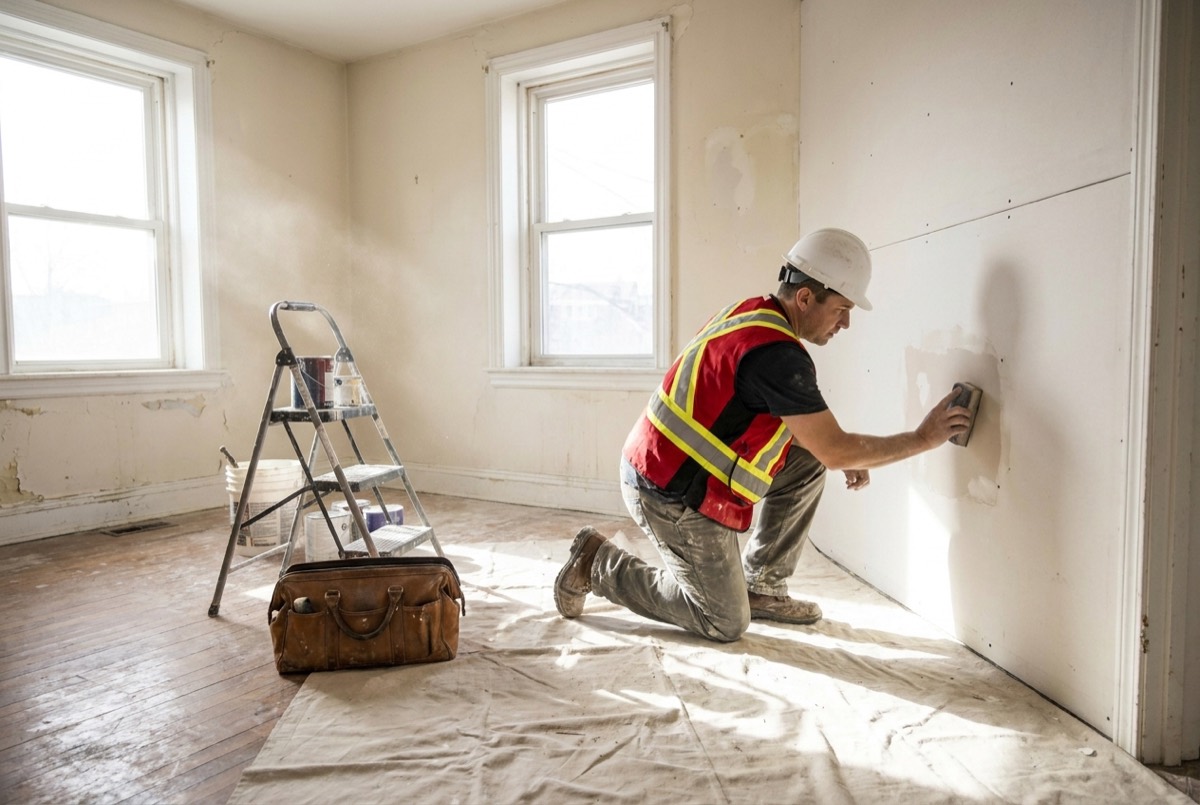 A tradesman patching and sanding drywall during a rental turnover