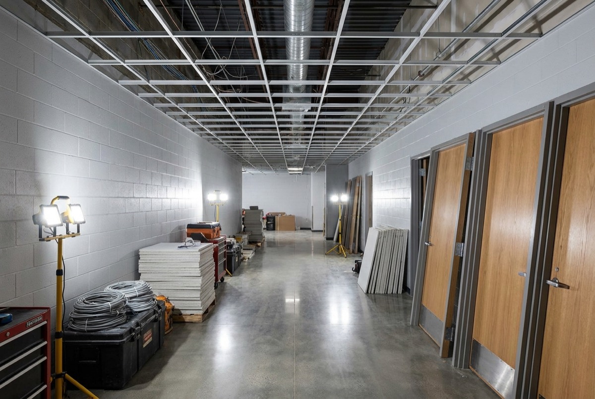 A commercial corridor under renovation with new ceiling grid and doors